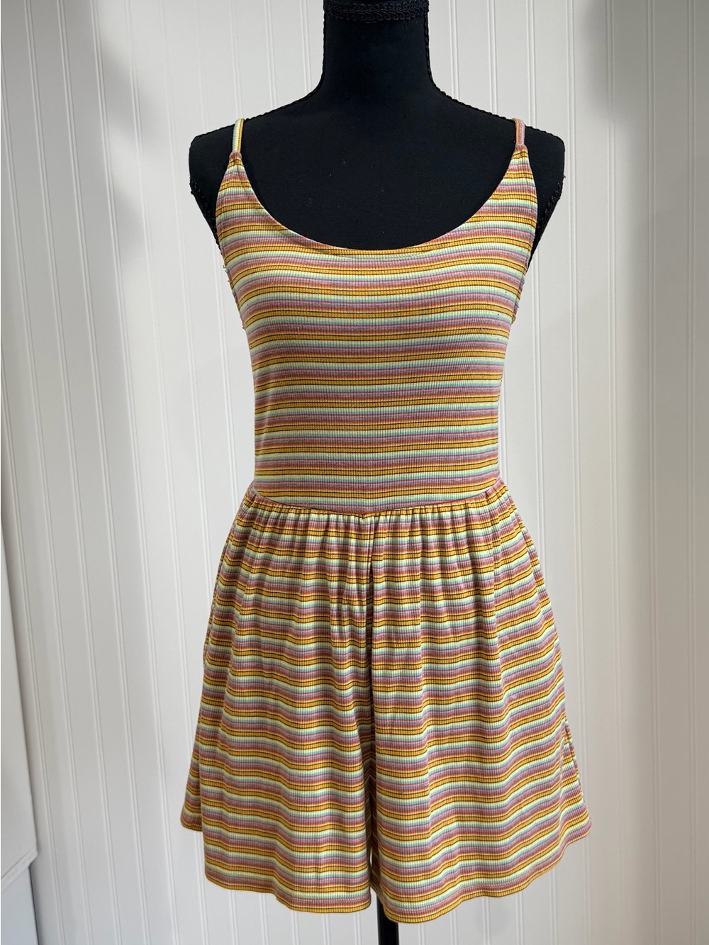 wild fable Multicolor Striped Spaghetti Strap Romper in Yellow, Pink & Green